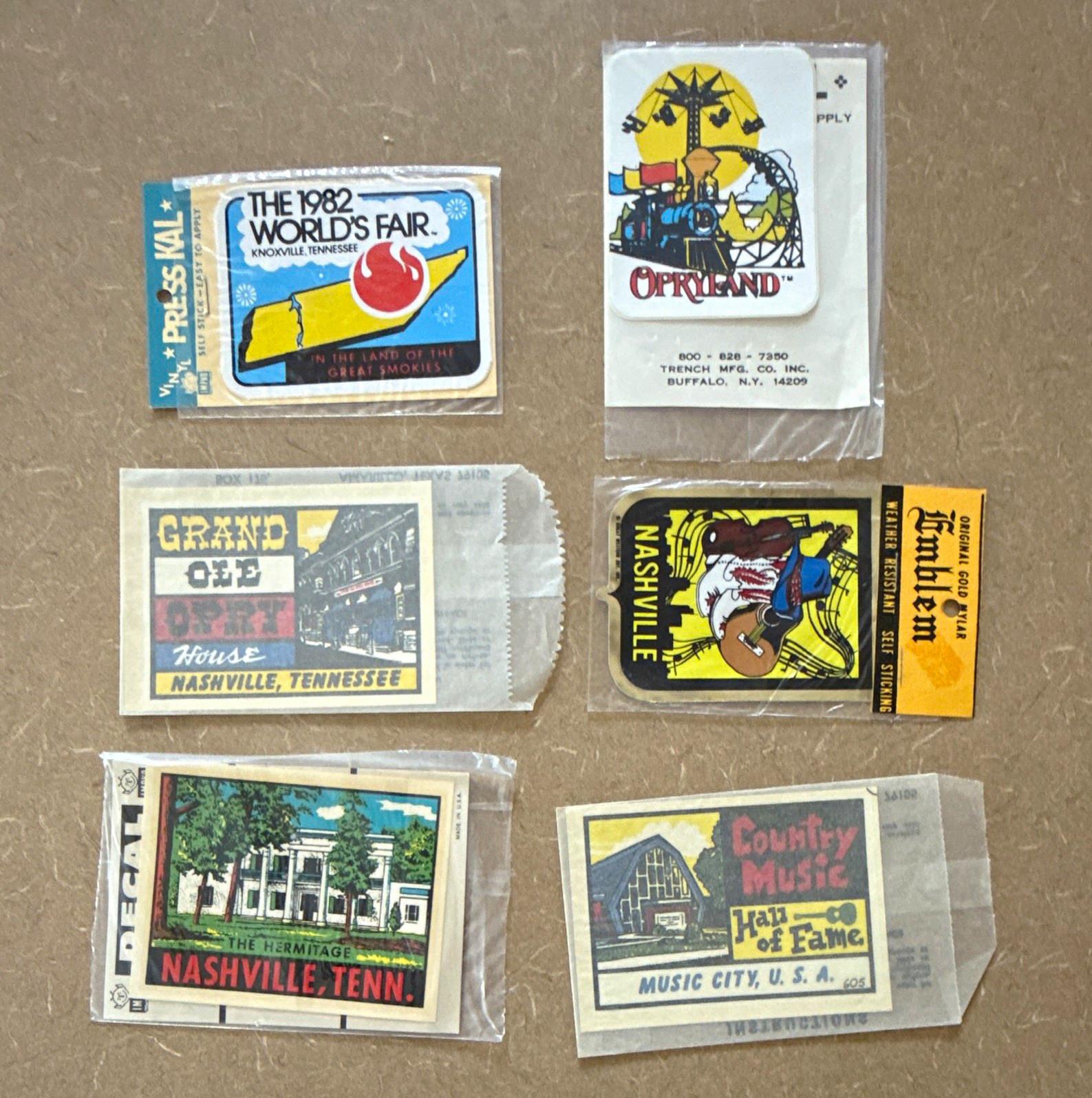 Lot of 6 Vintage Tennessee Souvenir Decals Nashville Opryland 1982 World's Fair Lot of 6 Vintage Tennessee Souvenir Decals Nashville Opryland 1982 World's Fair