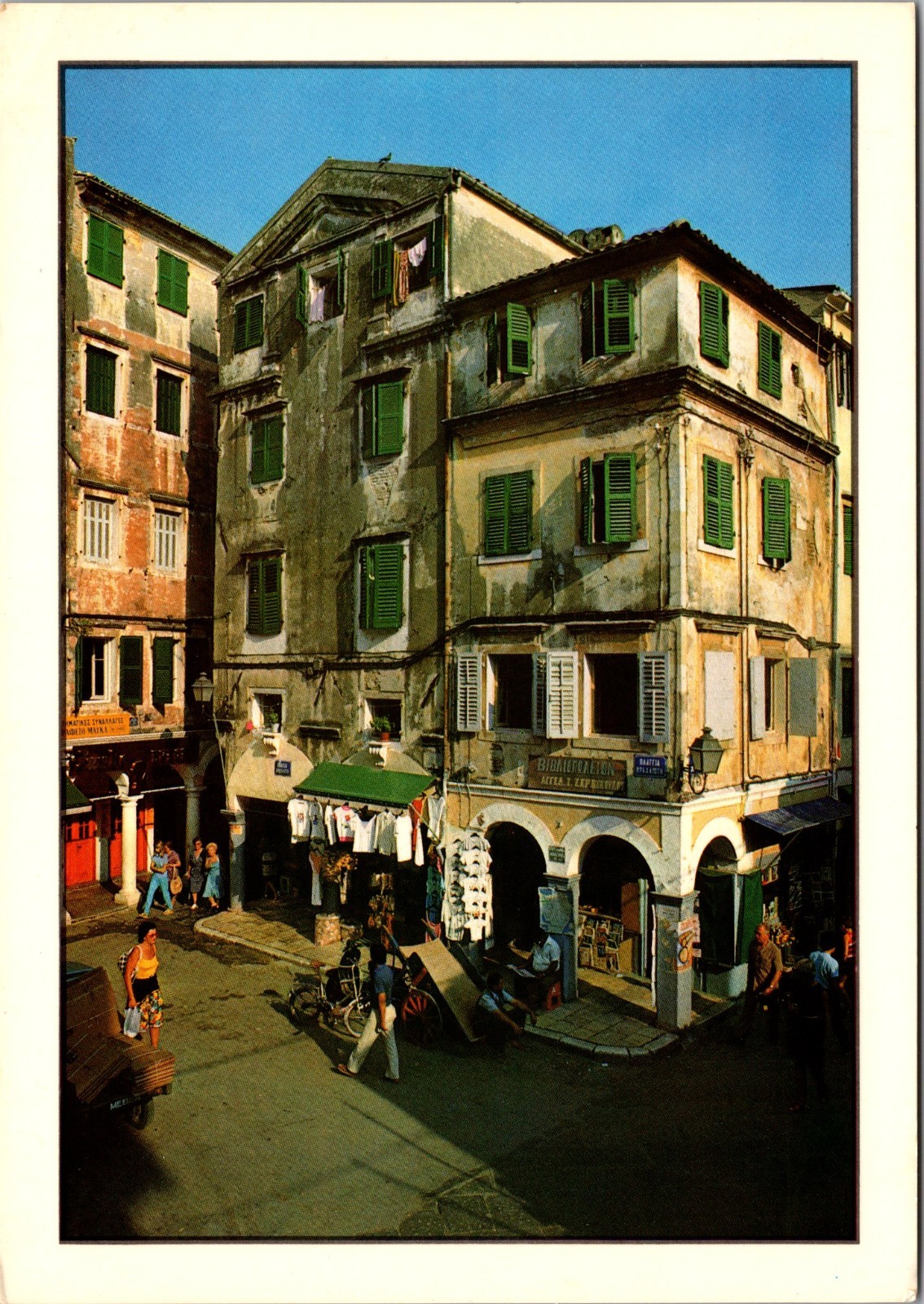 Vintage Corfu Greece Old Town Historic Venetian Buildings Street View Postcard