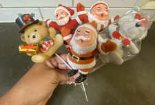 Vintage Christmas Flocked Santa, Teddy Bear, Mouse Lot of 5 On Floral Picks picture