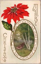 Vintage 1912 MERRY CHRISTMAS Embossed Postcard Birch Trees / Poinsettia Flower picture