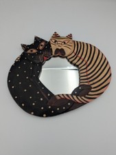 Vintage 90s Whimsical Wood Cat Mirror Folk Art Kitschy Boho Decor picture