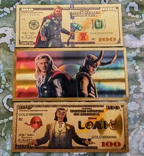3pc 24k Gold Foil Plated Novelty Collectible Marvel Loki and Thor MCU Banknotes picture