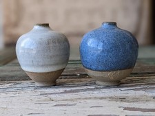Vintage Drip Glaze Pottery Vases: Handmade Clay Set of 2 picture