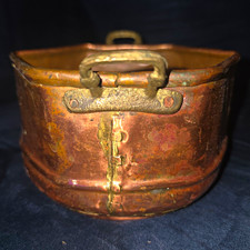 Antique 19thC Copper Pot Hand Hammered Double Dovetail Cramp Seam Brass Handles picture