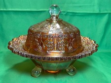 Fenton Marigold Carnival Glass Butterfly & Berry 3 Footed Covered Butter Dish picture