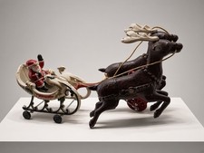 Vintage Cast Iron Santa Sleigh And 2 Reindeer On Wheels Pull Toy Hubley Style picture
