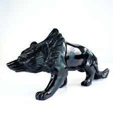 13.2'' Black Obsidian Wolf Hand Carved Crystal Reiki Healing Gift Decor Statue picture