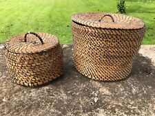 Pair Antique French Hand Woven Rye Straw Coiled Lidded Baskets c1900s picture