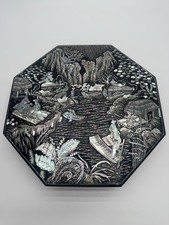 Vintage Chinese Black Lacquer Octagonal Box- Intricate Mother of Pearl picture