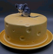Vintage Lefton Covered Cheese Dish W/Gray Mouse Handle H014 ORIG LEFTON STICKER  picture