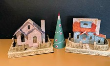 Vtg 1930s Japan Coconut Putz Christmas Houses Pair w/ 1950s Tastee Freez Tree picture