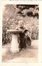 Vintage Photo 1930s Little Boy at Bird Fountain Touching Water Hat Small Pic picture