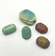 5 Vintage Antique Egyptian Carved Green Red Tan Stone Scarab Beetle Focal Beads picture