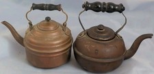 2 Miniature Copper Teapots Kettle Antique Salesman Samples Wood Handles 1800s picture
