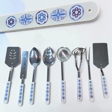 Vintage ACE Kitchen Utensils 8 Pc Set Large Blue Flower Graphic Composite MCM picture