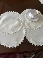 Lovely VTG Handmade 4 @ 10” Tea Mats/DOILIES ~ Crochet Edges And Monogram “O” picture