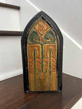 ANTIQUE VINTAGE c.1917 ARTS & CRAFTS ERA STAINED GLASS WINDOW CAST IRON DOORSTOP picture