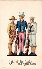 [86i] Postcard Unused, United For Right And Fair Play, Uncle Sam, Sailor Soldier picture