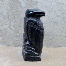 Zuni Fetish-Native American Animal Carving-Black Jet PERCHED CROW-Mike Tucson picture