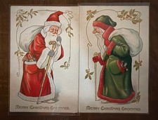 Lot of 2~Tuck Green & Red Robe Old World Santa Claus~Christmas Postcards~s493 picture