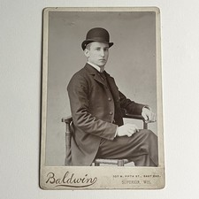Antique Cabinet Card Photograph Handsome Young Man Bowler Hat Superior WI picture