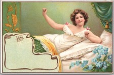 c1910s PRETTY LADY Embossed Postcard Young Woman in Bed / Lingerie - Unused picture