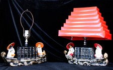 PAIR VTG MCM 1955 Silvestri Bros Oriental Asian Ceramic Lamp w/ Metal Shade picture
