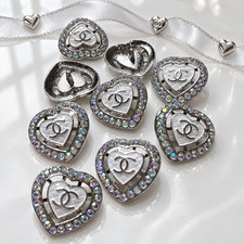 9 CHANEL CC Logo Heart Buttons Ø23mm Silver Tone AB Rhinestone Set Stamped picture