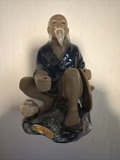 Vintage Chinese Oriental Shiwan Kneeling Mudman Fisherman Figurine Missing Pole  picture