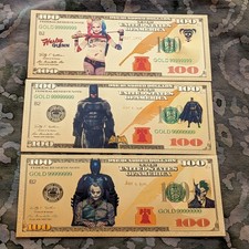 3pc 24k Gold Foil Plated Novelty DC Joker / Batman / Harley Quinn Banknotes Mint picture