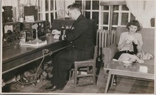 Vtg B&W Snapshot Navy Officer Ham Radio Operator Wife Knitting Dog Under Desk picture