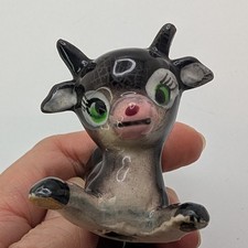 Vtg Anthropomorphic Black Cow Figurine Japan Big Green Eyes Kitsch Mid Century picture
