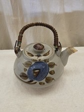 Vintage Asahi Japan Stoneware Teapot Blue Floral Rattan Handle Hand Painted picture