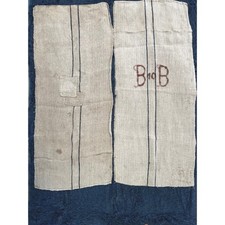Antique Grain Sack Pair Handwoven Linen Burlap B no B Monogram Blue Stripe picture