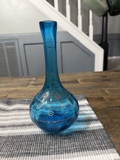 Antique Victorian Pontiled Blue Barber Bottle Vase Enameled Floral Pattern 8” picture