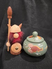 VTG MCM Danish Scandinavian Viking Teak Wood Figurine & Rosemaling Trinket Box picture