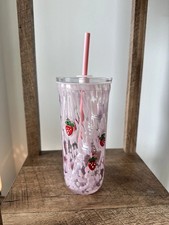 2026 STARBUCKS PINK DRINK STRAWBERRY GLASS TUMBLER 16 OZ WITH STRAW！ picture