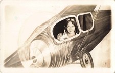 1920s-30s RPPC Woman Aviator Arcade Photo Postcard Painted Airplane Backdrop picture