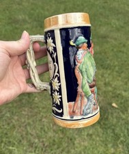 Vintage Colbalt Blue Beer Stein West Germany Woman Flowers Man Pipe 8.75