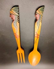 Vtg 1928 Native American Carved Folk Art /Seaside Oregon/ Souvenir Salad Servers picture
