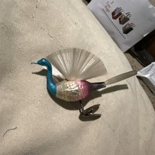 ￼ 1930s ANTIQUE GLASS PEACOCK CLIP ON XMAS ORNAMENT- SPUN GLASS TAIL&WINGS 1/1 picture