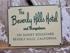 VINTAGE BEVERLY HILLS HOTEL PORCELAIN SIGN OLD SUNSET BOULEVARD CALIFORNIA MOTEL picture