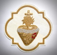 Sacred Heart Emblem Applique For Catholic Vestment Sewn On White Rayon Satin picture