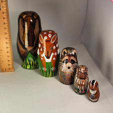 Hand-Painted Wooden Woodland Animal Figurines Set of 5 Multicolor Nesting Dolls picture