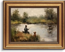 Devunaty Gold Framed Vintage Wall Art Boy Fishing Wall Decor Paintings Funny ... picture