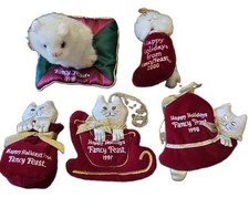 Vintage Fancy Feast Cat Christmas Ornament Lot 5 90s White Cat Kitten 1996-2000 picture