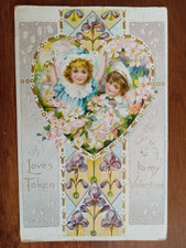 c1911 Embossed Valentine, children with iris and apple blossoms, Raphael Tuck picture