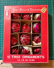 Hand Blown Decorated Christmas Ornaments 12pc Round Glass Balls 2in Red Pink picture
