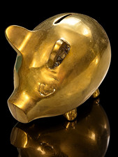 Vintage Solid Brass Piggy Bank 5” Heavy Pig Coin Bank MCM Decor Patina picture