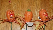 Lot of 3 Vtg Halloween JACK-O-LANTERN Pumpkin Blow Mold Floral Picks Cake Topper picture